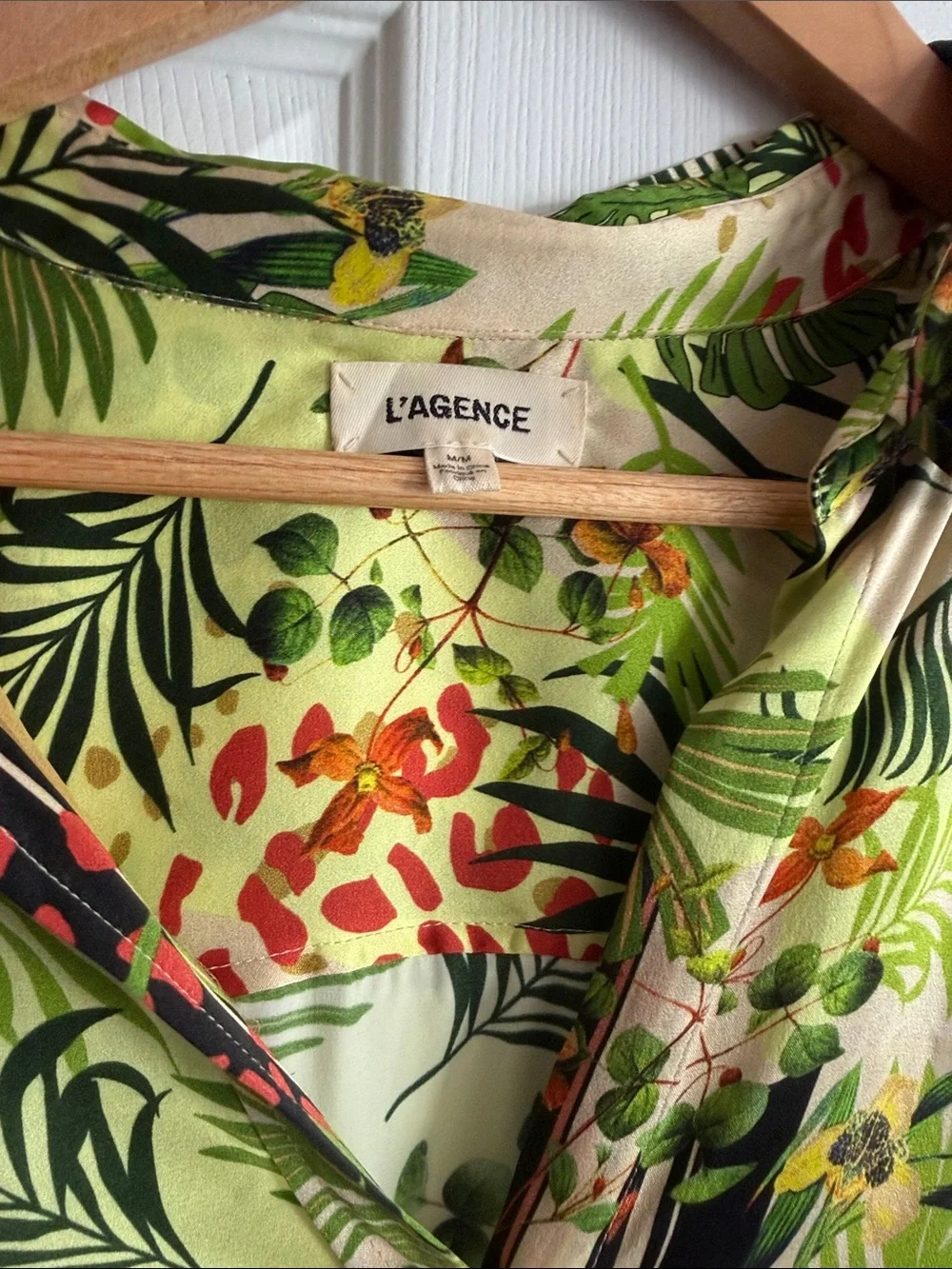 L’Agence Tropical Print Button-Up Silk Top in Multi Green - Picture 2 of 4